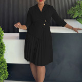 Plus Size Women Winter Turndown Collar Pleated Shirt Dress