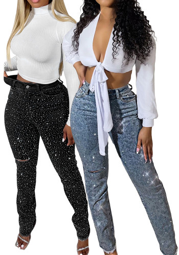 Women Beaded Pocket Ripped Denim Pants