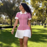 Women Contrast Color Turndown Collar Knitting Short-Sleeved Pleated Dress