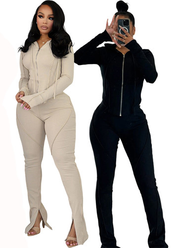 Women Autumn/Winter Ribbed Patchwork Casual Top and Pant Two-Piece Set