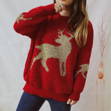 Christmas autumn and winter gold thread jacquard deer round-neck long-sleeved sweater