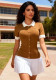 Women Contrast Color Turndown Collar Knitting Short-Sleeved Pleated Dress