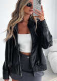 Women Fall/Winter Pu-Leather Long-Sleeve Zippered Sport Baseball Jacket