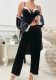 Women Black Velvet Lace Patchwork Suspender Nightgown Three-Piece Set