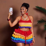 Women Multi-Color Striped Knitting Halter Neck Top and Ruffle Shorts Two-Piece Set