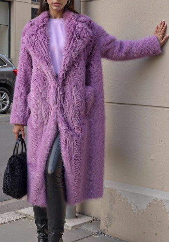 Women Winter Turndown Collar Fake Furry Coat