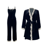 Women Black Velvet Lace Patchwork Suspender Nightgown Three-Piece Set