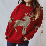 Christmas autumn and winter gold thread jacquard deer round-neck long-sleeved sweater