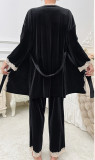 Women Black Velvet Lace Patchwork Suspender Nightgown Three-Piece Set