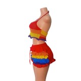 Women Multi-Color Striped Knitting Halter Neck Top and Ruffle Shorts Two-Piece Set