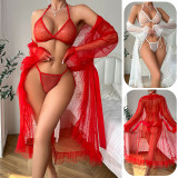 Women Polka Dot Mesh See-Through Ruffled V-Neck Tie-Drape Long-Sleeved Loungewear Set