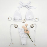 Swimsuit Spiral Gold Ring Solid Color Tie Halter Neck Bikini