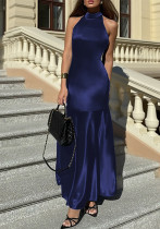 Sexy Halter Neck Low Back Satin Gown Women Chic Long Dress