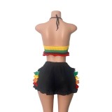 Women Multi-Color Striped Knitting Halter Neck Top and Ruffle Shorts Two-Piece Set