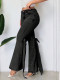 Bow Tie Stretch Mid-Waist Denim Bell Bottom Pants