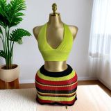 Summer Knitting Ribbed Solid Color U-Neck Sexy Sleeveless Camisole Stripes Short Skirt Set