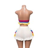 Women Multi-Color Striped Knitting Halter Neck Top and Ruffle Shorts Two-Piece Set
