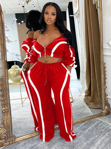 Women's Fashion Casual Sport Two-Piece Set Zipper Cropped Top + Loose Wide-Leg Pants
