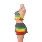 Women Multi-Color Striped Knitting Halter Neck Top and Ruffle Shorts Two-Piece Set