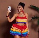 Women Multi-Color Striped Knitting Halter Neck Top and Ruffle Shorts Two-Piece Set