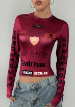 Autumn Fitted Crop Print Stretch Round Neck Long Sleeve Top Autumn Fitted Crop Print Stretch Round Neck Long Sleeve Top