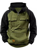 Spring Autumn Men's Raglan Sleeve Half Zip Hoodie Sport Multi-Pocket Hooded Trendy Hoodie