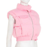 Women autumn and winter solid casual sleeveless zippered vest top