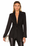 Tie Slim Waist Blazer Autumn Winter Chic Career Turndown Collar Long Coat