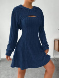 Long Sleeve Hoodie Top and Strap Square Neck A-Line Dress Set