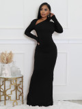 Women Solid Long-Sleeve Slash Shoulder Fishtail Bodycon Dress