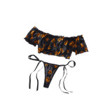 Lingerie Pumpkin Print Off-Shoulder Top Lace-Up Thong Halloween Cosplay Set