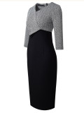 Women's V-Neck Color Block Patchwork 3/4 Sleeve Chic Bodycon Dress