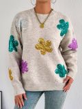 Women autumn/winter multi-color flower sequin embroidery round-neck long-sleeved sweater