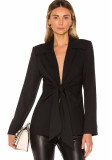 Tie Slim Waist Blazer Autumn Winter Chic Career Turndown Collar Long Coat