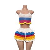 Women Multi-Color Striped Knitting Halter Neck Top and Ruffle Shorts Two-Piece Set