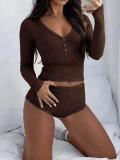 Women long-sleeved button-down round-neck top and shorts (sexy two-piece set)