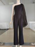 Women Sexy Black Stretchy Color-Block One-Shoulder Jumpsuit