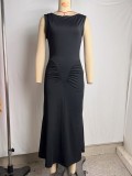 Women Summer Pleated Solid Short-Sleeve Dress