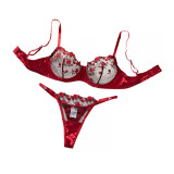 Lingerie Mesh Red Velvet Rose Embroidered Underwire Push-Up Bra Panties Set Women