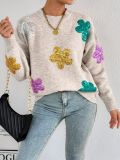 Women autumn/winter multi-color flower sequin embroidery round-neck long-sleeved sweater