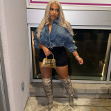 Autumn Winter Women's Fashion Street Wash Long Sleeve Drawstring Denim Jacket