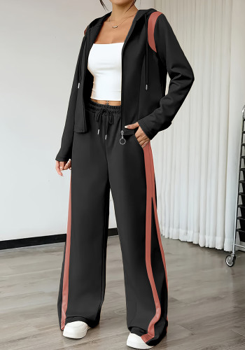 Autumn Winter Hooded Top Jacket Paired with High Waist Wide Leg Pants Women Two-Piece Set