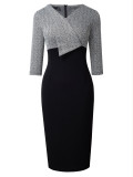 Women's V-Neck Color Block Patchwork 3/4 Sleeve Chic Bodycon Dress