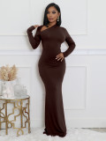Women Solid Long-Sleeve Slash Shoulder Fishtail Bodycon Dress