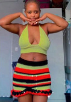 Summer Knitting Ribbed Solid Color U-Neck Sexy Sleeveless Camisole Stripes Short Skirt Set Summer Knitting Ribbed Solid Color U-Neck Sexy Sleeveless Camisole Stripes Short Skirt Set