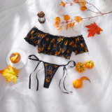 Lingerie Pumpkin Print Off-Shoulder Top Lace-Up Thong Halloween Cosplay Set