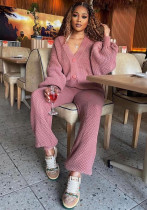 Casual Loose V-Neck Cardigan Pants Two-Piece Set
