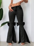 Bow Tie Stretch Mid-Waist Denim Bell Bottom Pants