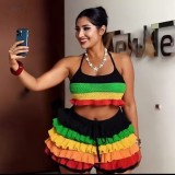 Women Multi-Color Striped Knitting Halter Neck Top and Ruffle Shorts Two-Piece Set