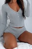 Women long-sleeved button-down round-neck top and shorts (sexy two-piece set)